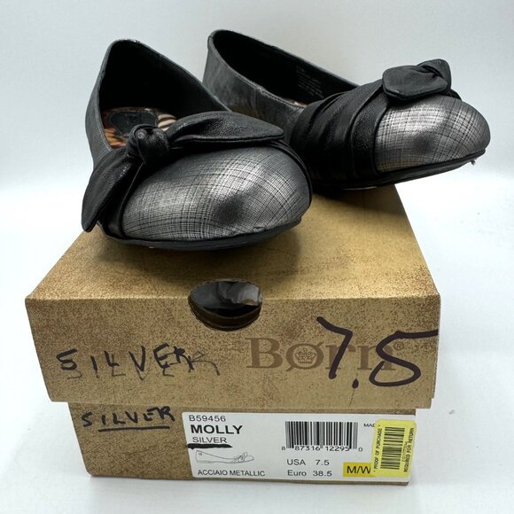 Born Molly Flat Silver Acciaio Metallic Leather Slip On Shoes Size 7.5 M W/ Box - Picture 2 of 10